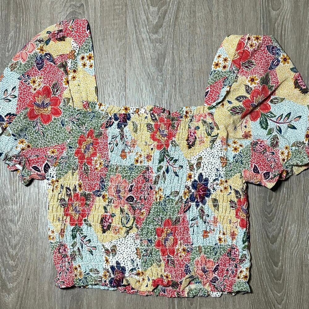 Monteau Los Angeles XL Smocked Milkmaid Crop Top Floral Patchwork Puff Sleeve